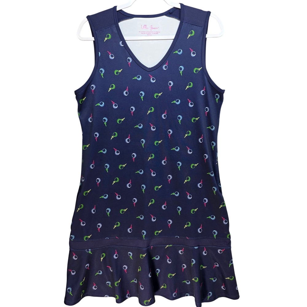 Lillie Green Womens Navy Golf‎ Ball Print Sleeveless Dress Medium Pockets Ruffle
